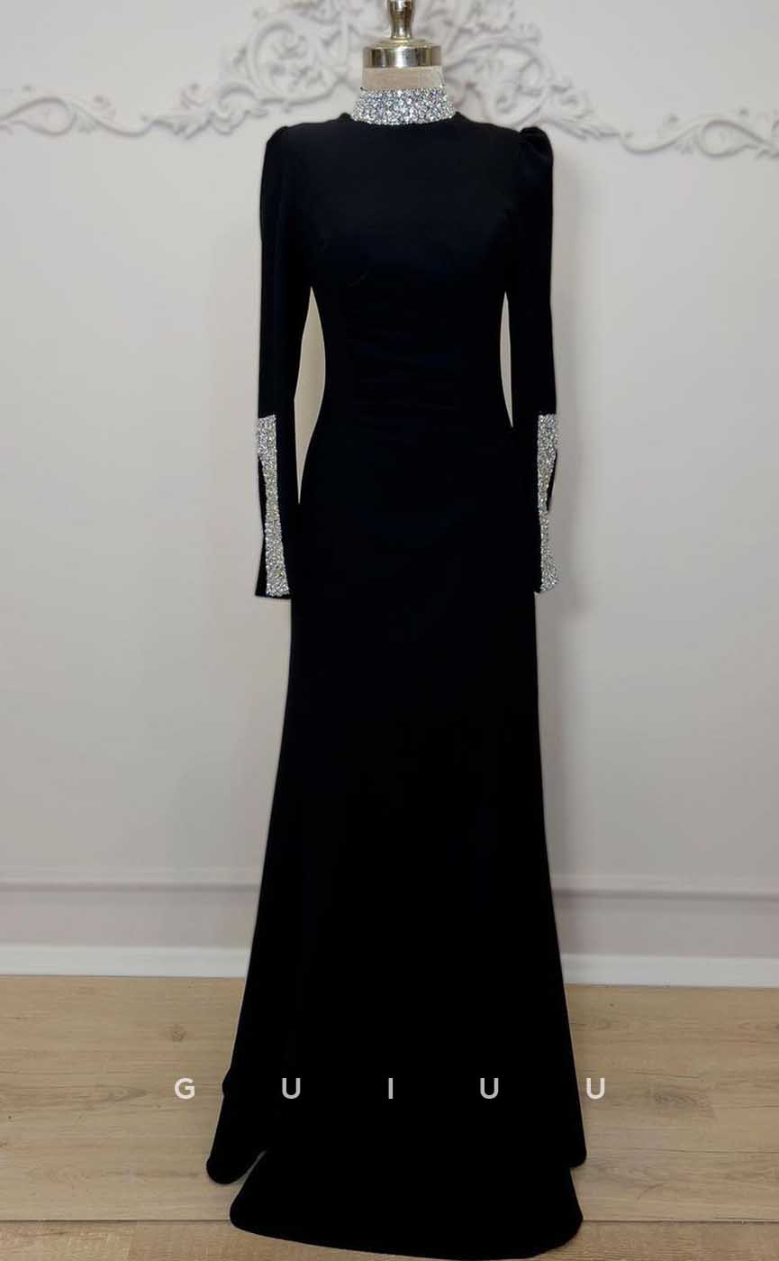 G4318 - Classic & Timeless Sheath High Neck Beaded and Draped Formal Party Prom Dress with Long Sleeves