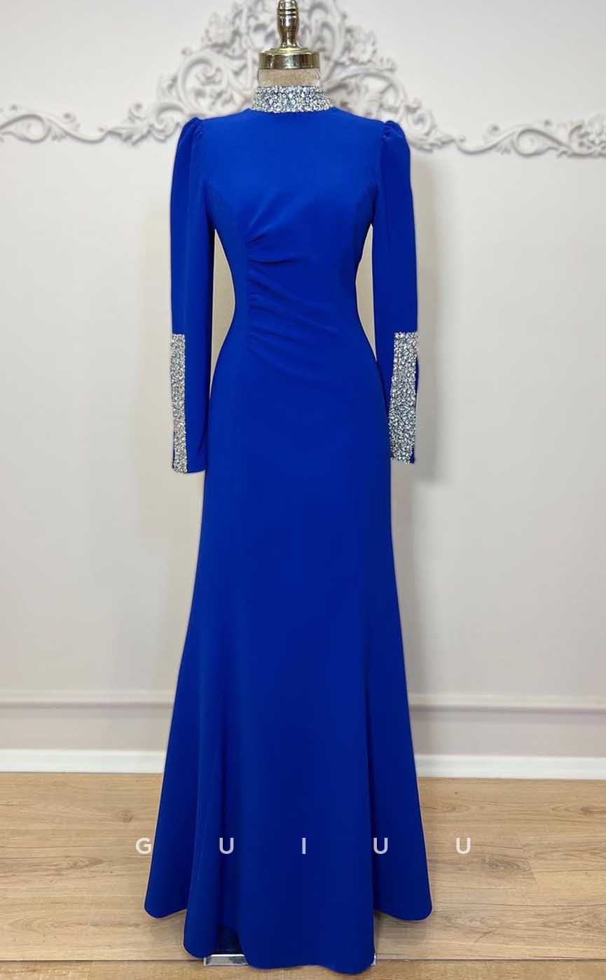 G4318 - Classic & Timeless Sheath High Neck Beaded and Draped Formal Party Prom Dress with Long Sleeves