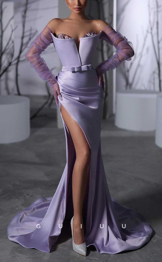 G4325 - Sexy & Hot Sheath Off Shoulder Draped and Beaded Evening Gown Prom Dress with High Side Slit and Long Gloves
