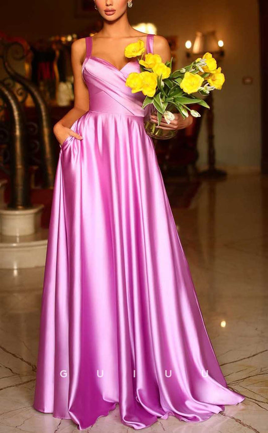 G4326 - Chic & Modern A-Line V-Neck Draped Evening Gown Prom Dress with Straps