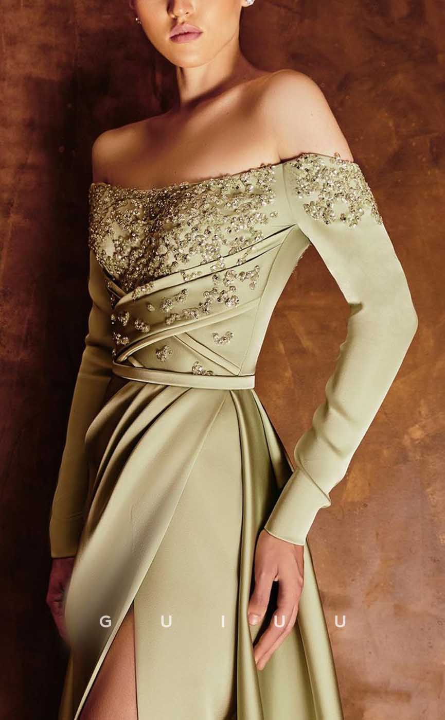 G4337 - Chic & Modern Sheath Off Shoulder Beaded and Ruched Evening Gown Prom Dress with High Side Slit and Overlay