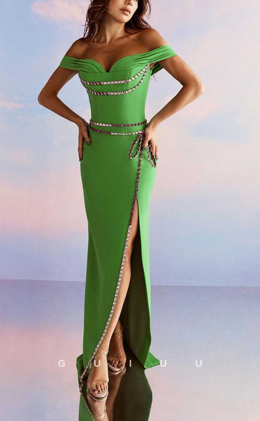 G4338 - Sexy & Hot Sheath Off Shoulder Draped and Beaded Evening Gown Prom Dress with Bows and High Side Slit
