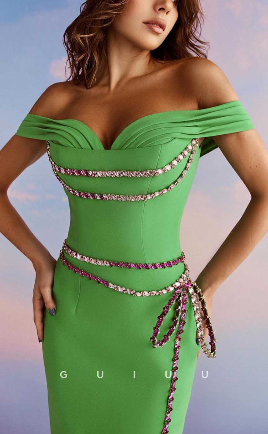 G4338 - Sexy & Hot Sheath Off Shoulder Draped and Beaded Evening Gown Prom Dress with Bows and High Side Slit