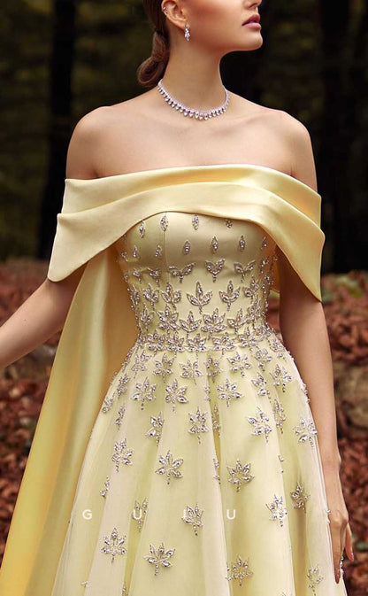 G4340 - Classic & Timeless A-Line Off Shoulder Floral Beaded and Ruched Formal Party Prom Dress with Overlay