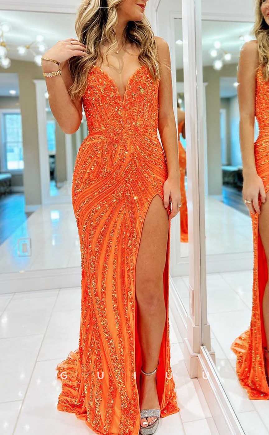 G4342 - Sexy & Hot Sheath V-Neck Fully Sequined and Beaded Evening Party Prom Dress with High Side Slit