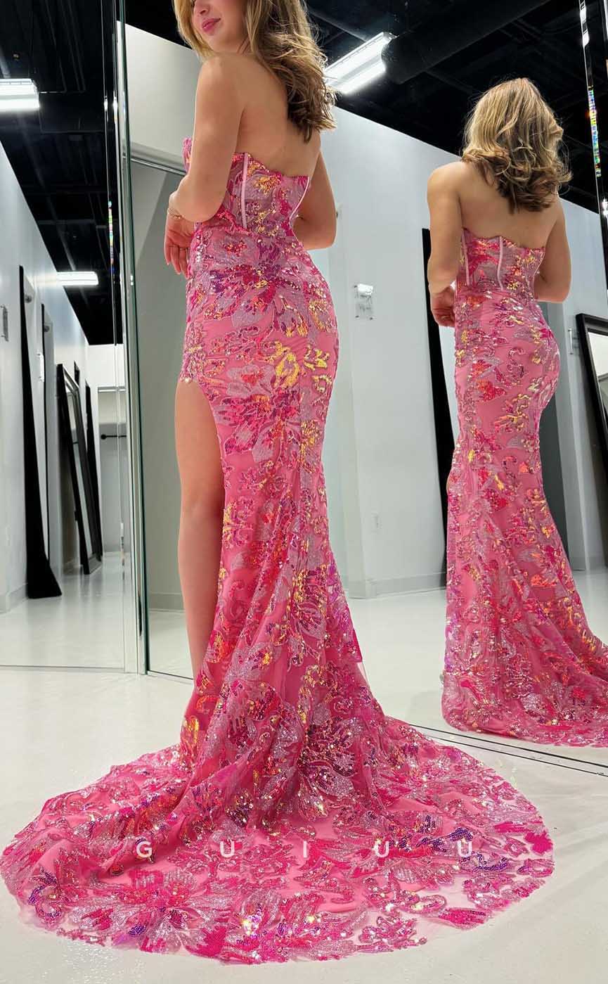 G4345 - Sexy & Hot Sheath Sweetheart Fully Floral Sequined Evening Party Prom Dress with High Side Slit and Sweep Train