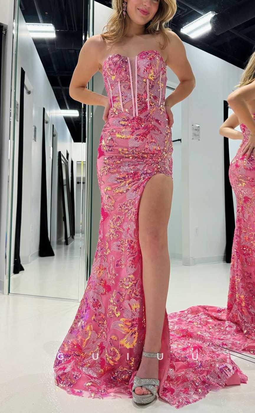 G4345 - Sexy & Hot Sheath Sweetheart Fully Floral Sequined Evening Party Prom Dress with High Side Slit and Sweep Train