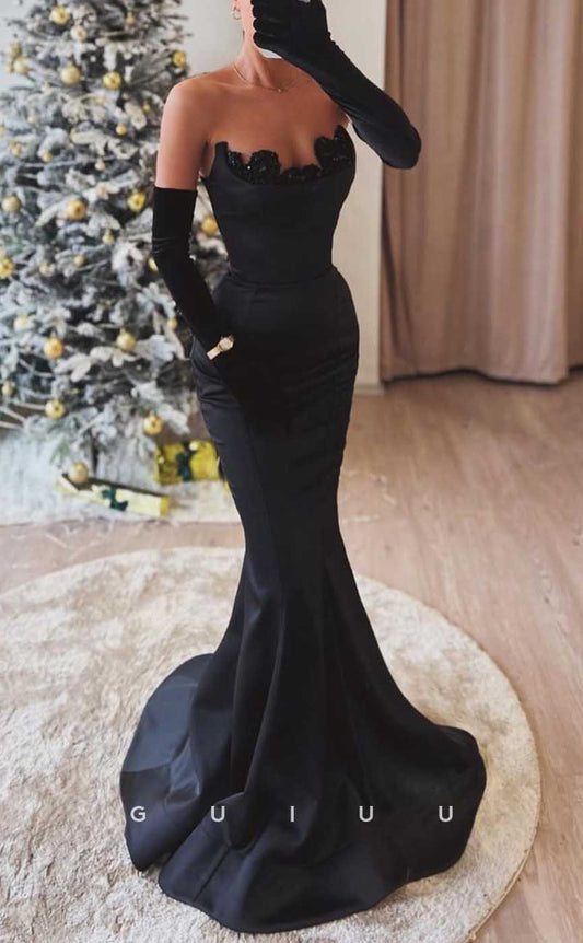G4347 - Sexy & Hot Trumpet Strapless Beaded Evening Gown Prom Dress with Long Gloves and Sweep Train