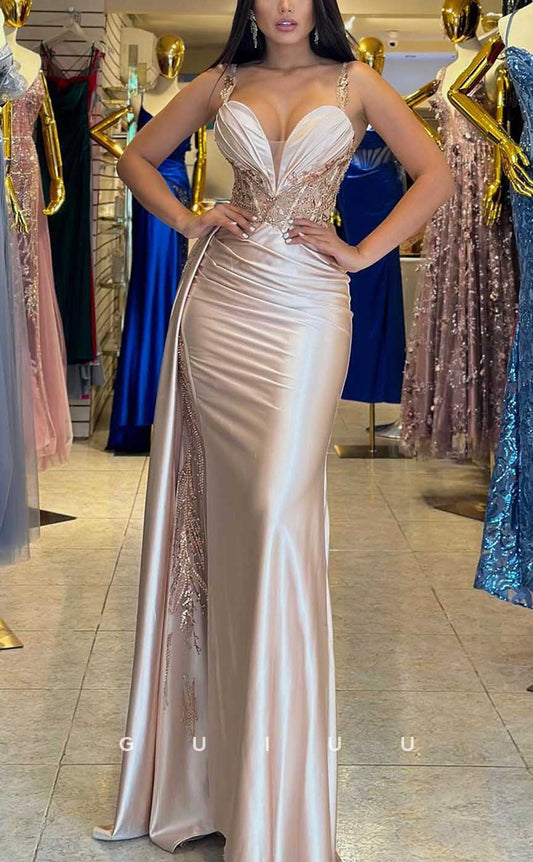 G4349 - Chic & Modern Sheath V-Neck Draped and Floral Beaded Evening Party Prom Dress with Overlay