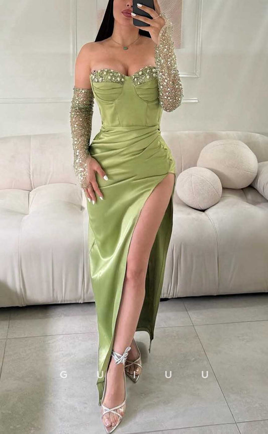 G4350 - Chic & Modern Sheath Sweetheart Sequined and Beaded Evening Gown Prom Dress with High Side Slit and Sleeves