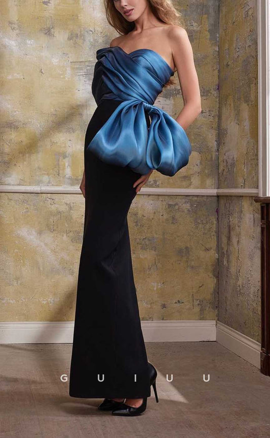 G4352 - Chic & Modern Sheath One Shoulder Draped Evening Gown Prom Dress with Slit and Bows