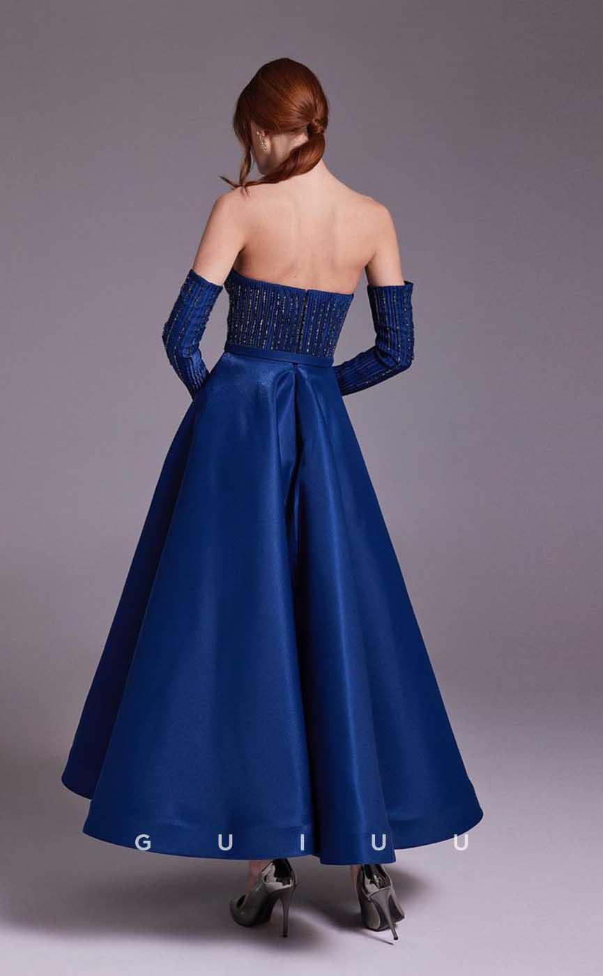 G4354 - Classic & Timeless A-Line Strapless Beaded and Draped Ankle-Length Evening Gown Prom Dress with Sleeves and Sash