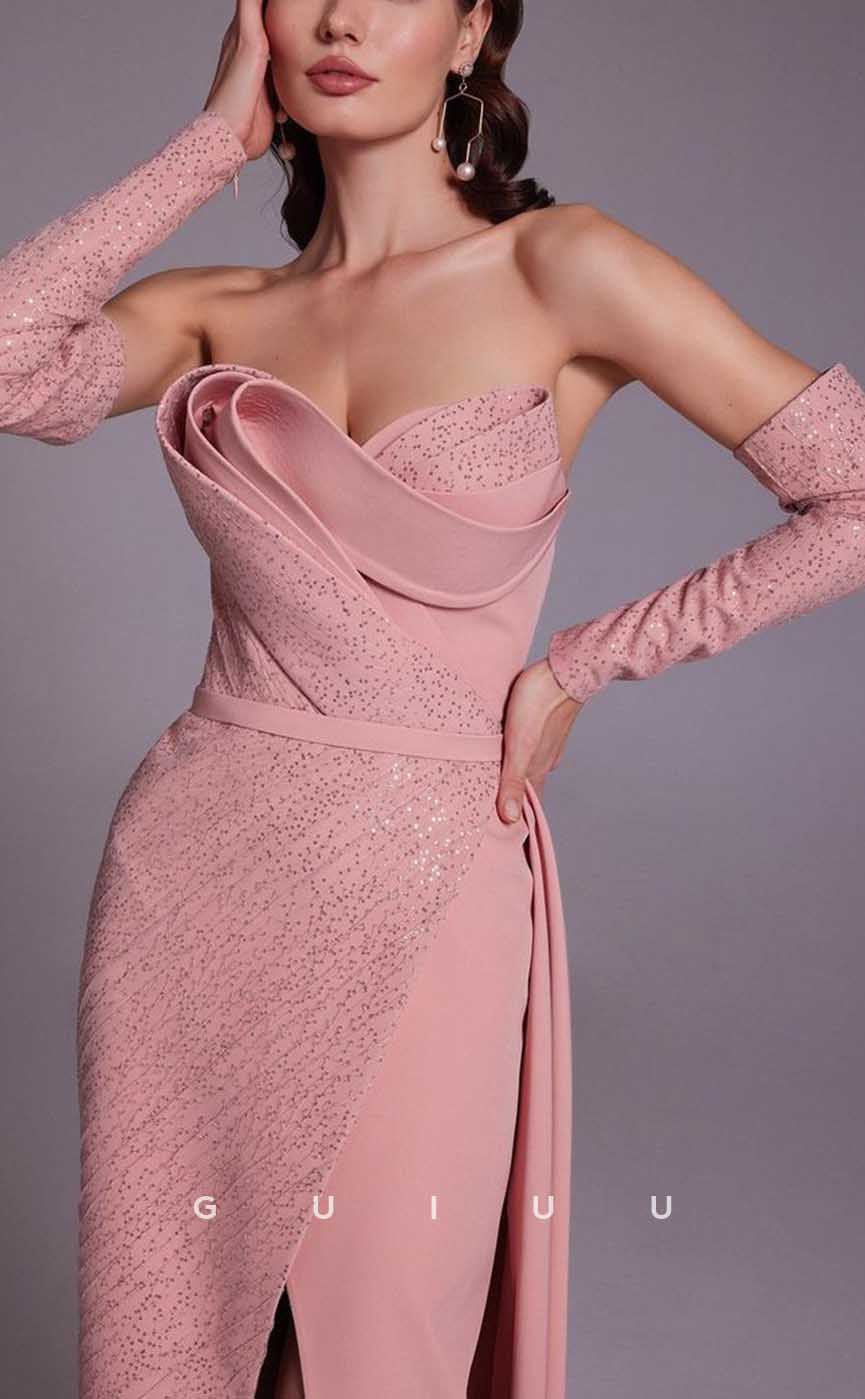 G4355 - Sexy & Hot Sheath V-Neck Draped and Beaded Evening Gown Prom Dress with High Slit and Sweep Train