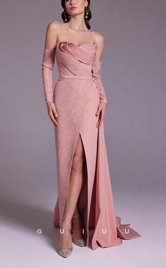 G4355 - Sexy & Hot Sheath V-Neck Draped and Beaded Evening Gown Prom Dress with High Slit and Sweep Train