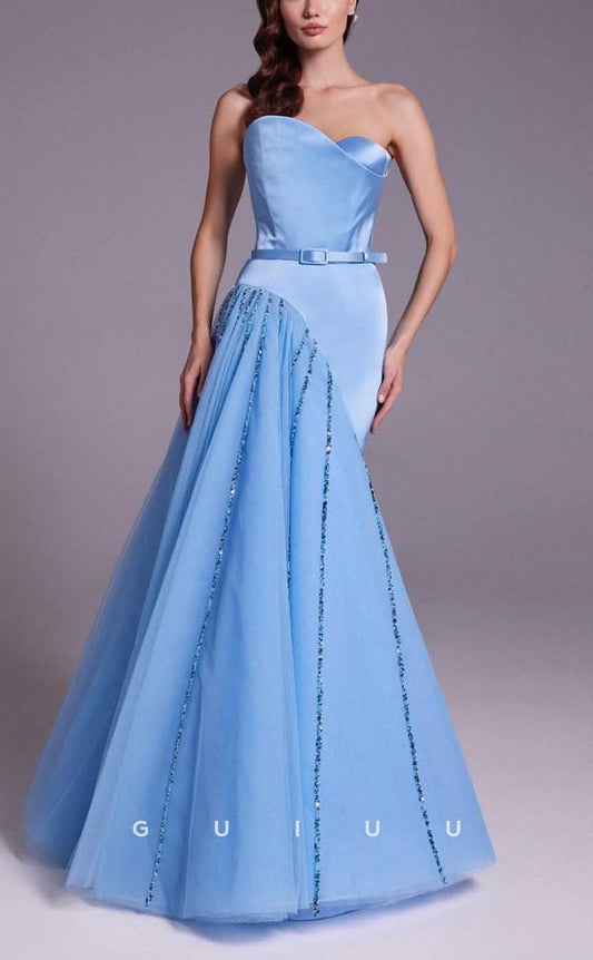 G4359 - Chic & Modern Trumpet Asymmetrical Draped and Sequined Evening Gown Prom Dress with Sash
