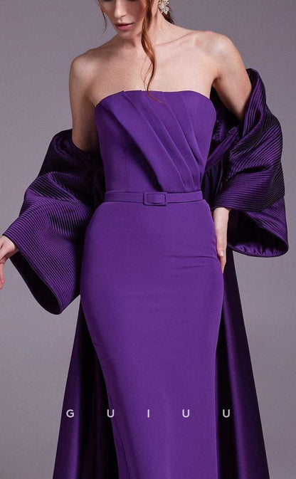 G4360 - Chic & Modern Sheath Strapless Draped Formal Party Gown Prom Dress with Sash and Overlay