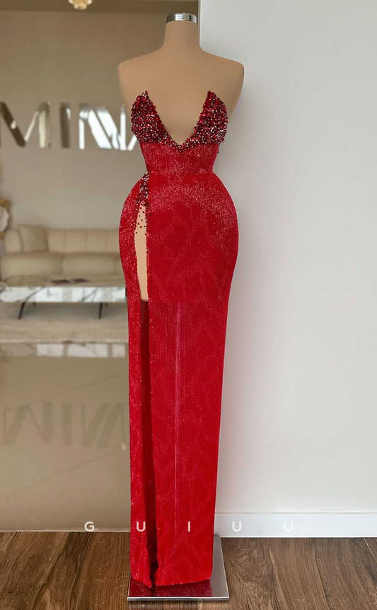 G4367 - Sexy & Hot Sheath V-Neck Fully Beaded and Sequined Evening Gown Prom Dress with High Side Slit