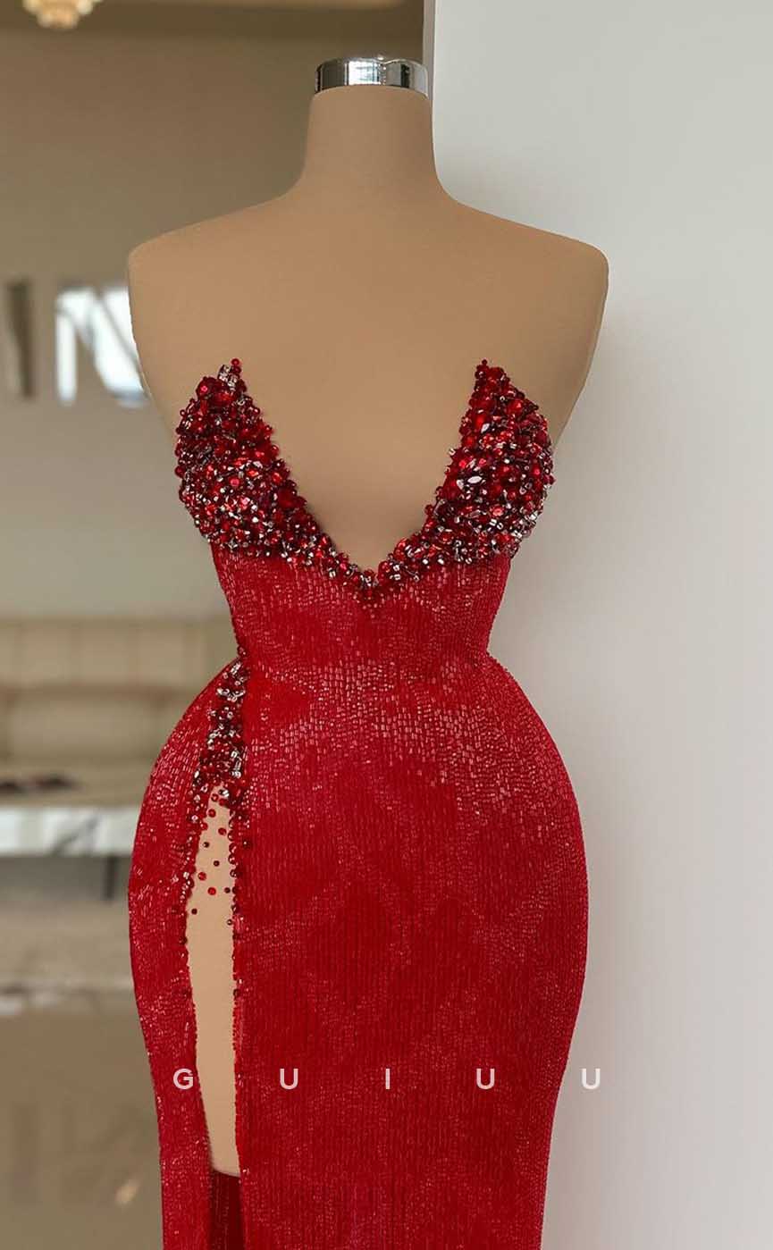 G4367 - Sexy & Hot Sheath V-Neck Fully Beaded and Sequined Evening Gown Prom Dress with High Side Slit