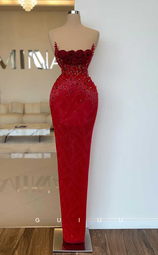 G4368 - Sexy & Hot Sheath Strapless Beaded and Floral Embossed Evening Gown Prom Dress