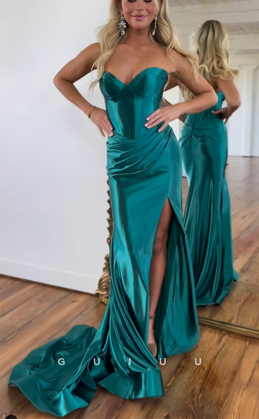 G4370 - Sexy & Hot Sheath V-Neck Draped Evening Gown Prom Dress with High Side Slit and Sweep Train