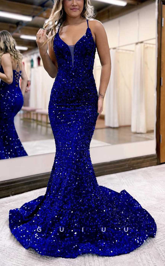 G4376 - Sexy & Hot Mermaid V-Neck Fully Sequined Evening Gown Prom Dress with Sweep Train and Lace-up