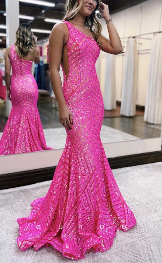 G4377 - Sexy & Hot Trumpet One Shoulder Fully Sequined Fully Sequined Evening Party Prom Dress with Pleats