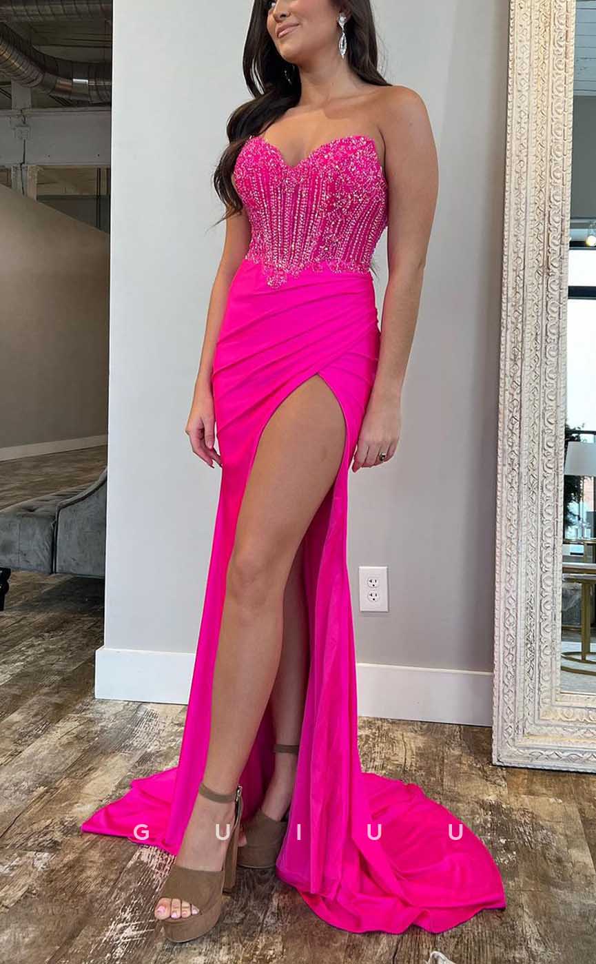 G4379 - Sexy & Hot Sheath V-Neck Draped and Sequined Evening Party Prom Dress with High Side Slit