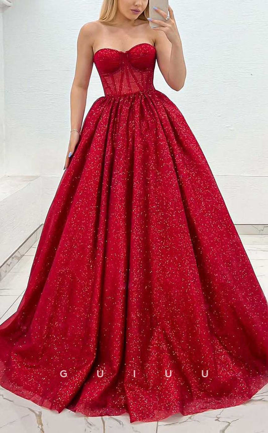 G4380 - Classic & Timeless A-Line Sweetheart Fully Sequined Formal Party Prom Dress with Pleats