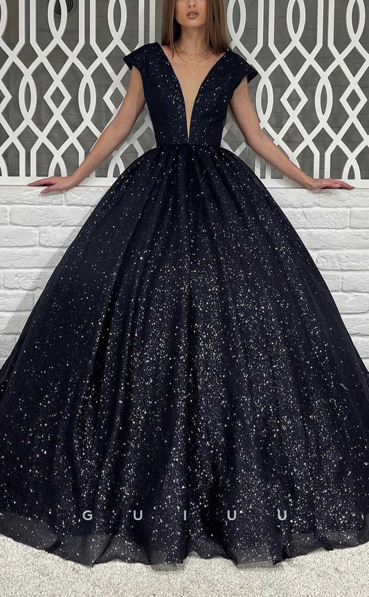 G4381 - Sexy & Hot A-Line Plunging V-Neck Sparkly and Draped Evening Prom Dress with Cap Sleeves