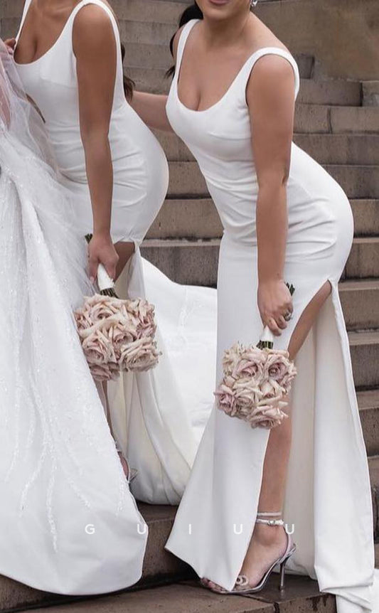 GB120 - Chic & Modern Sheath Straps High Side Slit Sweep Train White Bridesmaid Dress for Women