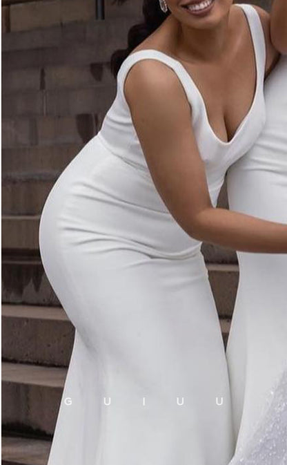 GB120 - Chic & Modern Sheath Straps High Side Slit Sweep Train White Bridesmaid Dress for Women
