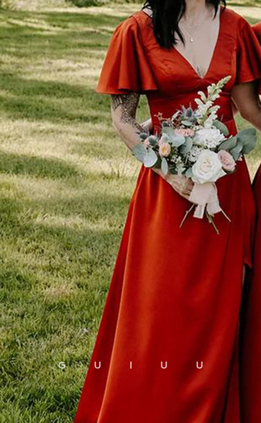 GB129 - Chic & Modern A-Line V-Neck Short Sleeves Side Slit Floor-Length Bridesmaid Dress