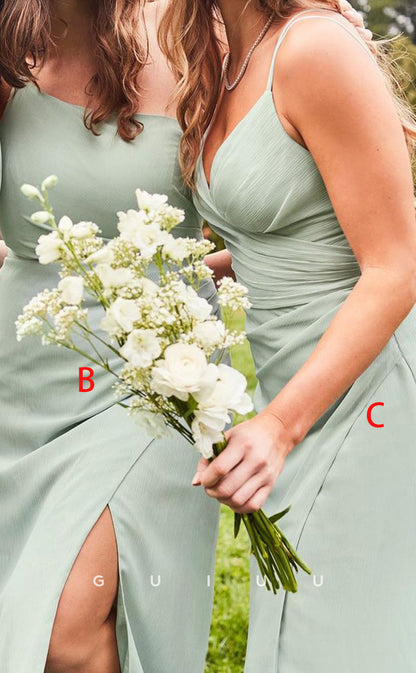 GB143 - Chic & Modern Sheath V-neck One Shoulder Halter Straps Side Slit Floor-Length Bridesmaid Dress