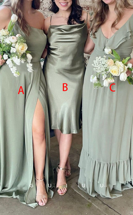 GB144 - Chic & Modern A-Line V-neck One Shoulder Straps Draped Slit Floor-Lgenth Bridesmaid Dress
