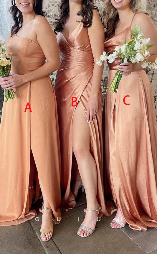 GB145 - Chic & Modern A-Line V-Neck One Shoulder Straps Side Slit Floor-Length Bridesmaid Dress