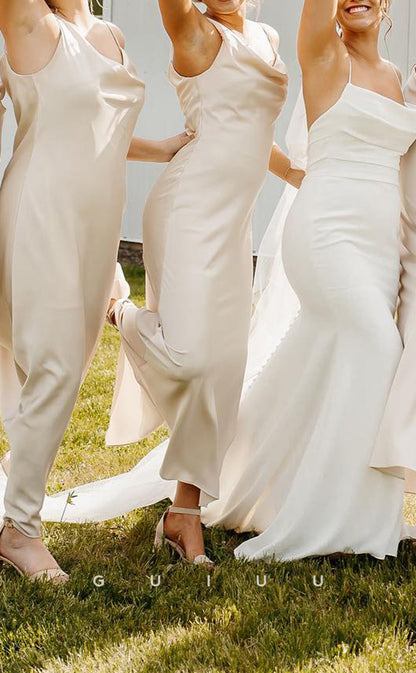 GB147 - Chic & Modern Sheath Straps Satin Ankle-Length Bridesmaid Dress