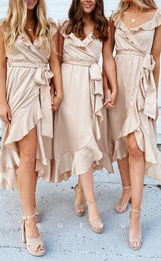 GB153 - Chic & Modern A-Line V-Neck Draped Sash Gown Slit Knee-Length Bridesmaid Dress