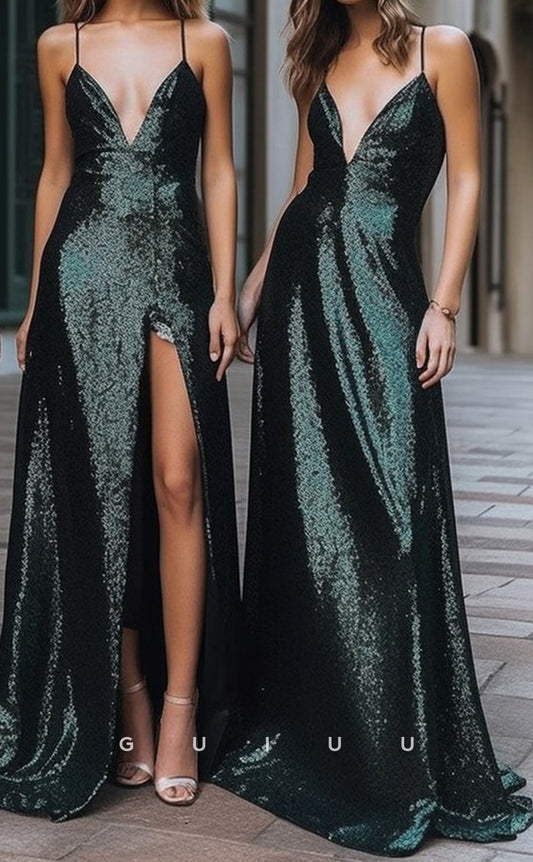 GB159 - Sexy & Hot Sheath V-neck Straps High Silde Slit Fully Sequined Floor-Length Bridesmaid Dress