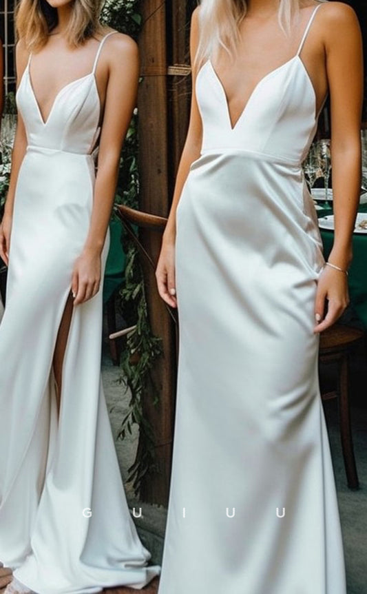 GB161- Sexy & Hot Sheath V-Neck Straps High Side Slit Fllor-Length Bridesmaid Dress