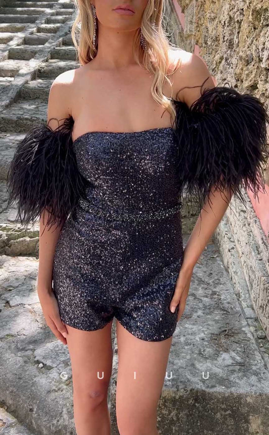 GH529 - Sheath/Column Off-Shoulder Feather Party Dress Fully Sequined Jumpsuit  Homecoming Dress