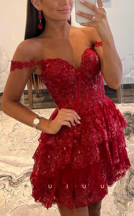 GH543 - Sexy Sheath Off-Shoulder Lace Sequins Red Sweetheart Homecoming Dress