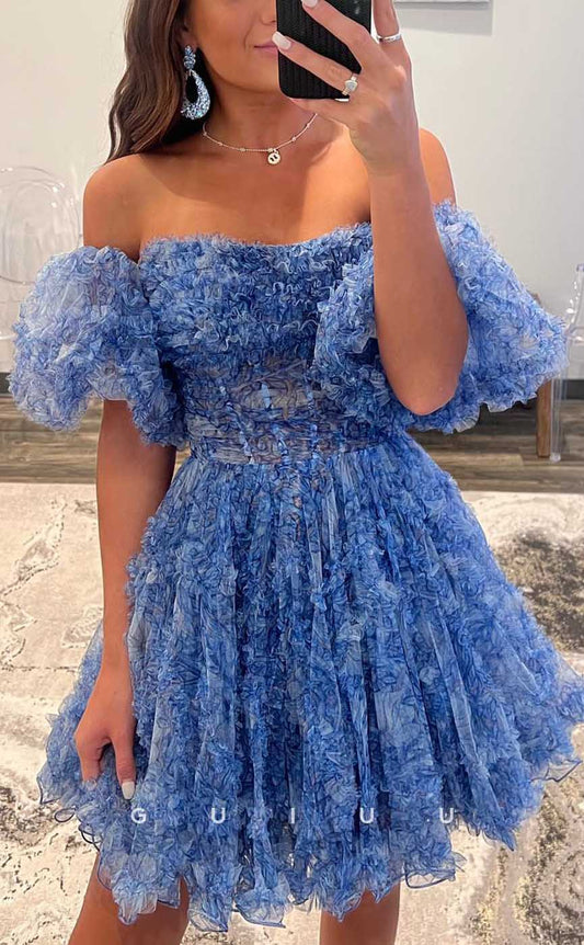 GH544 - Fashion Off-Shoulder Ball Gown Lace Floral Embossed Puff Sleeves Gown Homecoming Dress