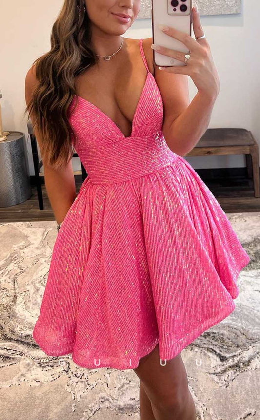 GH546 - Sexy A-Line V-Neck Spaghetti Straps Sequins Lace-Up Back Homecoming Dress
