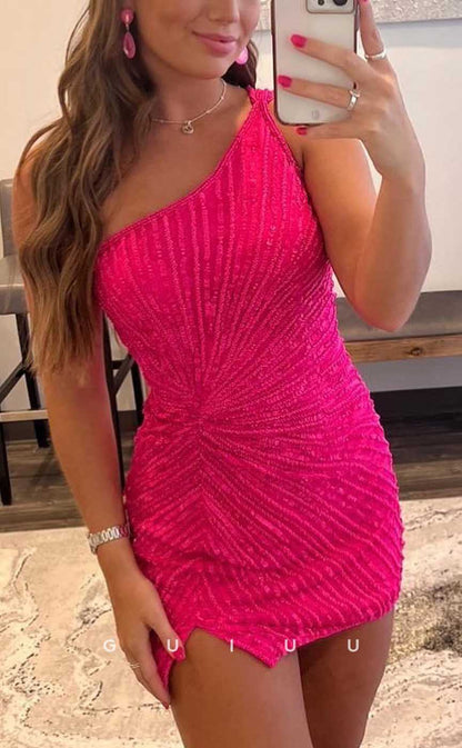 GH551 - Sexy Sheath/Column One-Shoulder Sequins Open Back Homecoming Dress With Side Slit