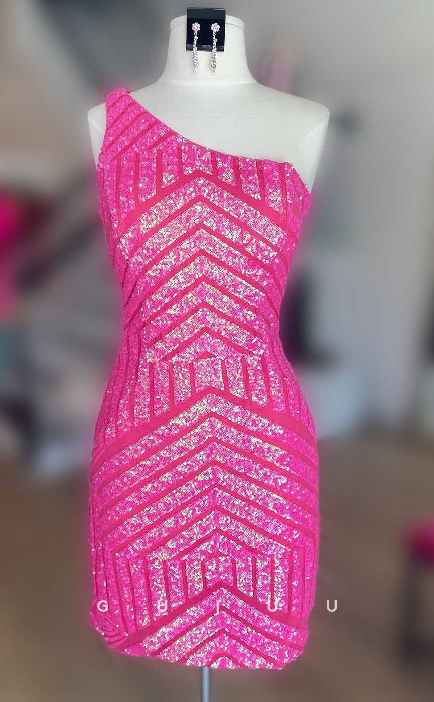 GH552 - Sexy Sheath/Column One Shoulder Sequins Simple Hot Pink Homecoming Dress