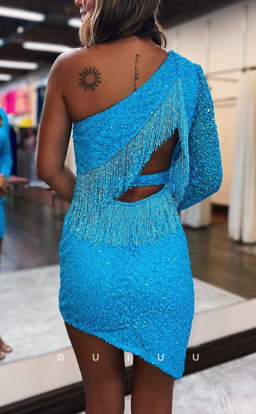 GH558 - Sexy Sheath/Column Sequins One Shoulder Long Sleeves Fringed Gown Homecoming Dress