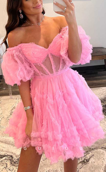 GH565 - Sexy Ball Gown Sheer Puff Sleeves Gown Sweetheart Pink Homecoming Dress