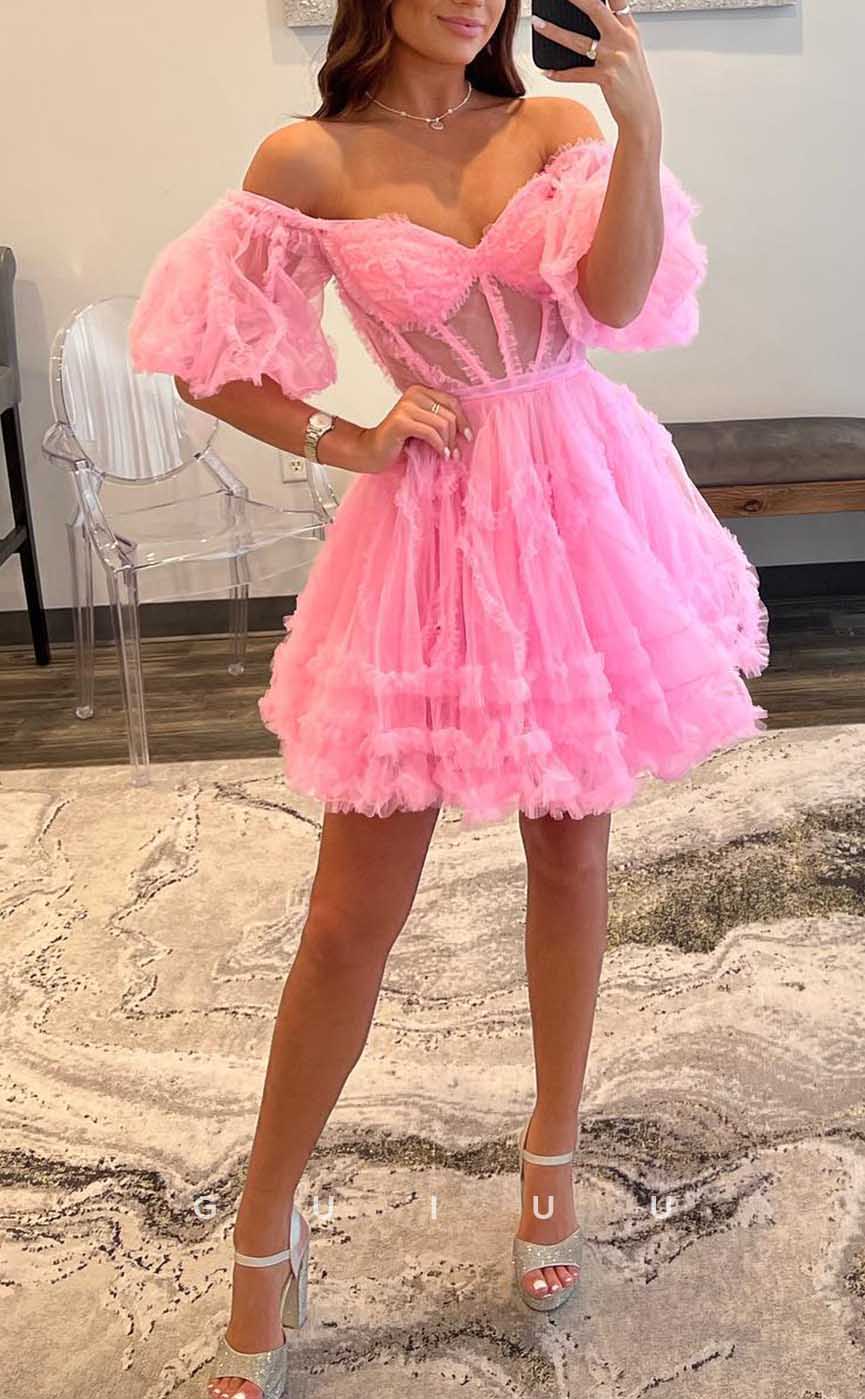 GH565 - Sexy Ball Gown Sheer Puff Sleeves Gown Sweetheart Pink Homecoming Dress