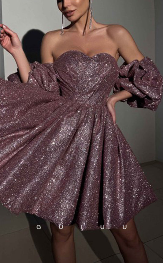 GH571 - Fashion Sparkly Strapless Ball Gown Open Back Puff Sleeves Gown Homecoming Dress