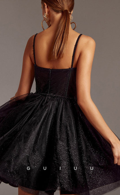 GH574 - Sexy A-Line Sparkle Spaghetti Straps Ball Gown Black Open Back Homecoming Dress